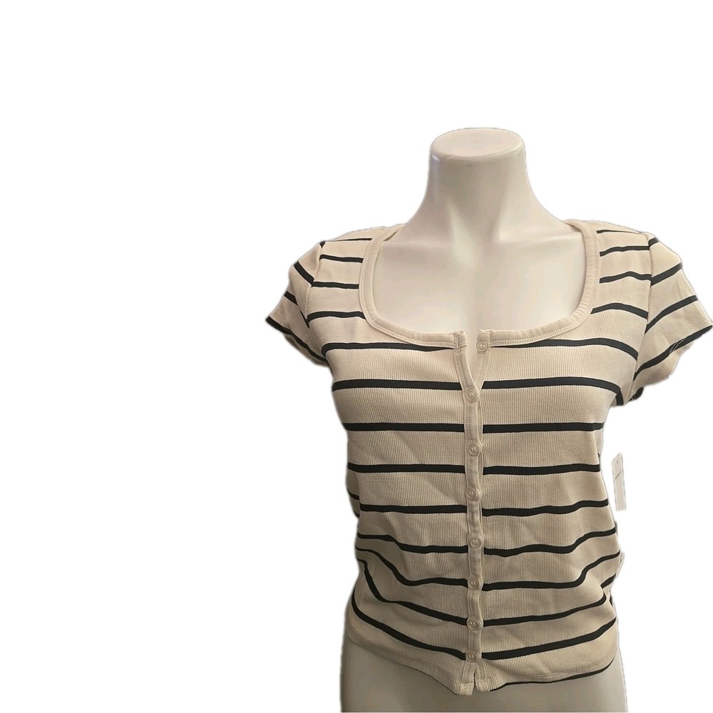 NWT Madden Girl Striped Rib Button Up Shortsleeve Top  Cream And Black S,M,L